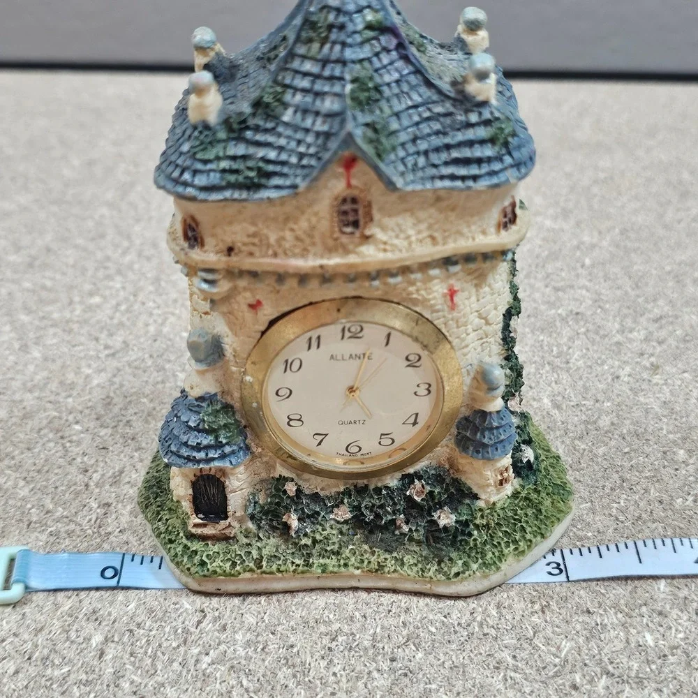 Allante Castle Cottage Desk Clock Small Cream Blue Good Whimsical Resin Quartz